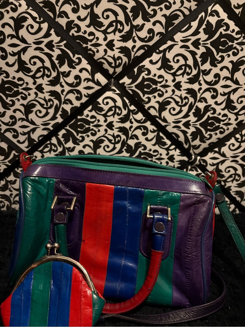 Vintage Vibrant Multicolor Striped Leather Crossbody Bag with Coin Purse